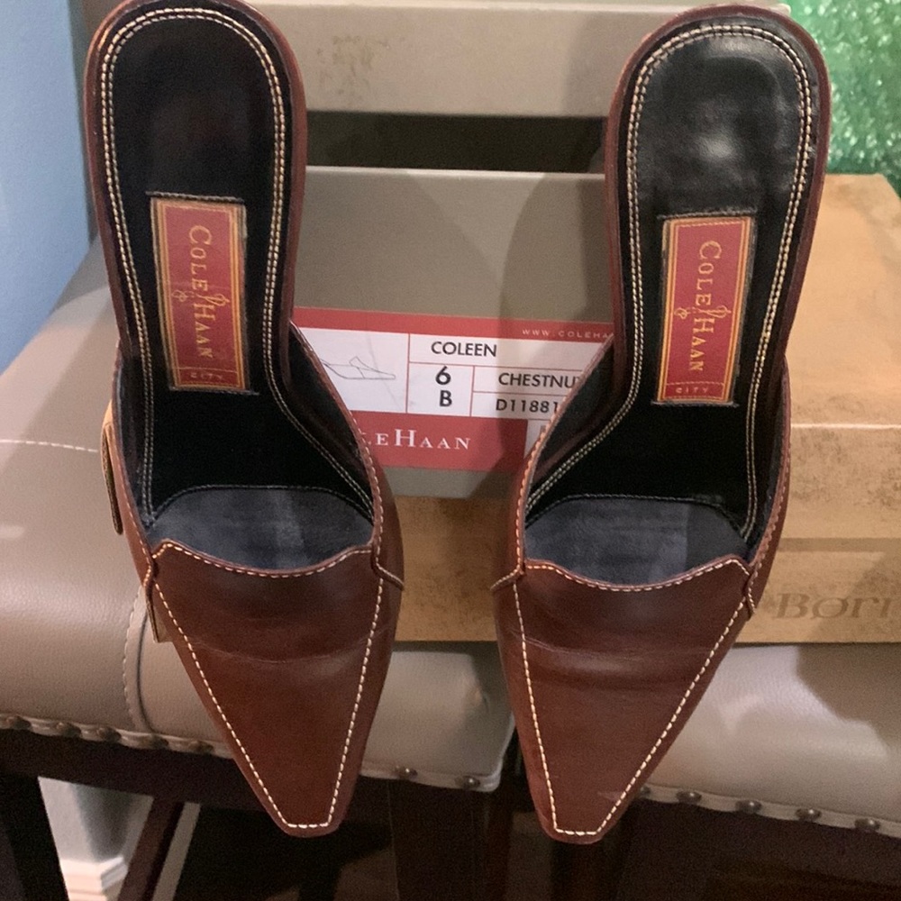 Cole Haan Coleen brown leather chestnut calf heeled mules size 6